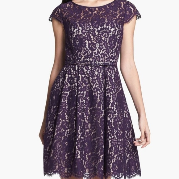 ELIZA J Purple Lace Belted Cap Sleeve Fit and Flare Cocktail Dress, Size 10 - Picture 2 of 10